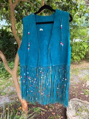 70s Vintage Suede Fringe Beaded Blue Vest country western festival boho concert
